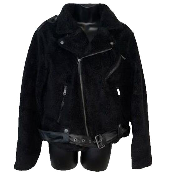 Polo Ralph Lauren Jacket Plus XXL Black Shearling Leather Biker Belted Moto $398 - Picture 1 of 14